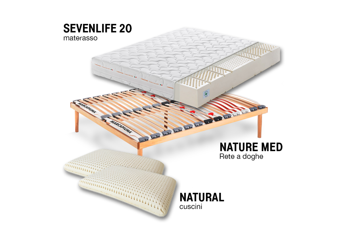 Sistema Letto Materasso Sevenlife 20 + Rete a doghe + Cuscini - Marcapiuma