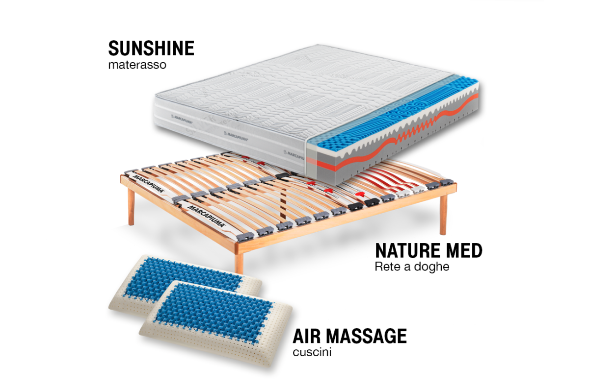 Sistema Letto Materasso Sunshine + Rete a doghe + Cuscini - Marcapiuma